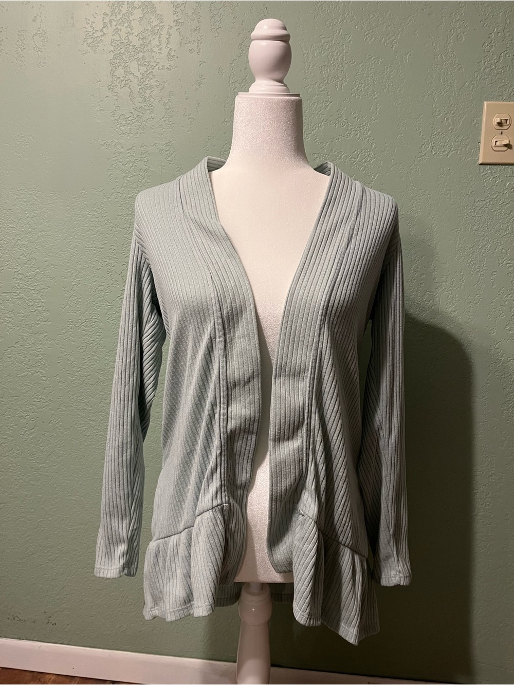 Light Sage Ribbed Open Front Cardigan